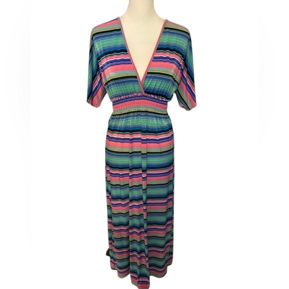 Sunkissed vertical striped, half sleeve, V-neck multicolored maxi dress.